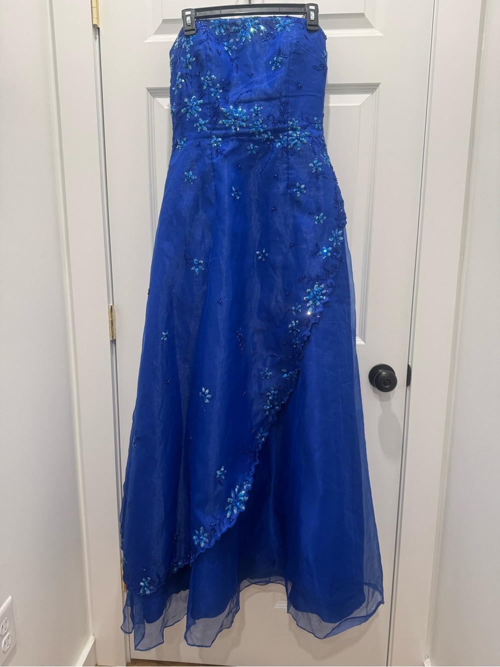 Royal Blue Strapless A-Line Evening Dress with Floral Sequin Accents